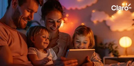 família sentada em um sofá mexendo em um tablet